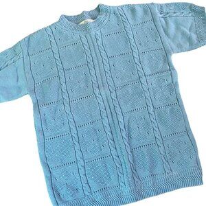 Vintage Orvis Floral Heart Sweater Blue Cable Chunky Knit Prep Sz Large USA